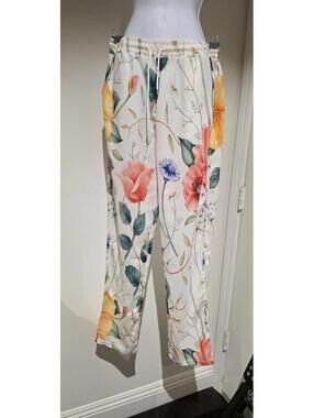 Floral Watercolor Print Drawstring Lounge Pants White Multicolor